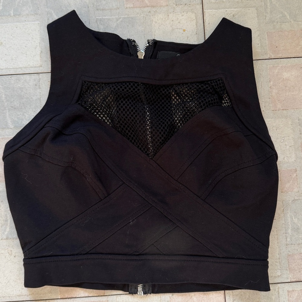 Vintage Style Black Guess Mesh Full Zip Crop Top - Size Medium